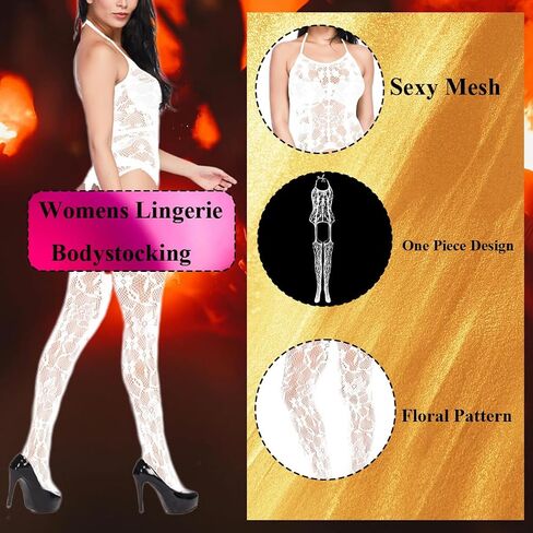 Black Fishnet Lingerie for Women, Mesh Chemise Babydoll Bodysuit Sexy Lingerie with Stockings Exotic Dancewear in Kuwait