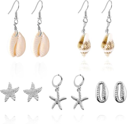 5 Pairs Starfish Earring Gold Seashell Dangle Earrings Set Pearl Stud Earrings Boho Shell Summer Beach Earrings Summer Accessories Jewelry for women in Saudi Arabia