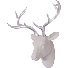 SAC SMARTEN ARTS Deer Head Wall Art Animal Head Art Decor White Fake Furry/Felt/Velvety Resin Deer Head with White Antlers for Home/Bar/Office Size 16" x 12" x 7.5"