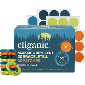Cliganic Mosquito Repellent Pack (20 Bracelets + 30 Stickers) - Natural DEET-Free, Essential Oil Infused