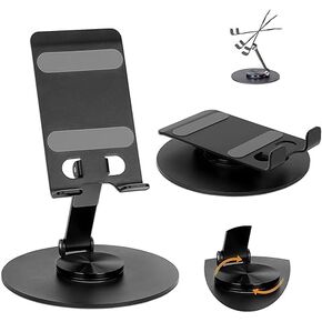 Phone Holder, a 360-degree rotatable Phone Stand, emits a Click Sound. Made of Durable Aluminum, it fits All 4-12.9" iPhones, Tablets and e-Readers(Blak)