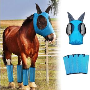 Horse Boots Leg Wraps & Horse Fly Mask, Mesh Fly Boots Mesh Equine Fly Mask, Breathable Horse Leg Cover Protective Horse Leg Wraps, Horse Supplies for Preventing Flies and Mosquitoes Bites