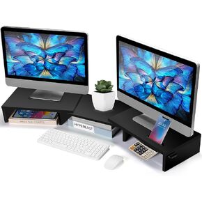 Dual Monitor Stand Riser for 2 Monitors, Monitor Stand for Desk, Adjustable Length & Swivel Angle Wooden Desktop Organizer Stand Riser with Smartphone Holder for PC Monitor Laptop, Black