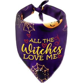Funny Halloween Pet Bandana Witchy Dog Bandana All The Witches Love Me Dog Scarf for Cat Pup(All The Witches)