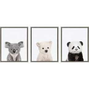 Kate and Laurel Sylvie Baby Polar Bear, Baby Panda Bear and Baby Koala Bear Framed Canvas Wall Art Set by Amy Peterson Art Studio, 3 Piece Set 18x24 Natural, Baby Animal Wall Art Décor Set