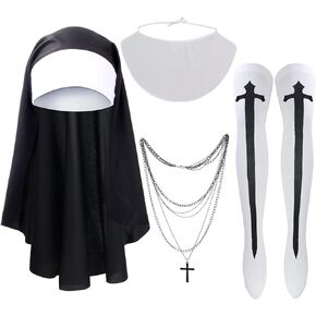 Kyson Nun Costume Accessories with 5Pcs Catholic Nun Habit Hat,Nun Collar,Cross Pendent Necklace,Long Stocking,Face Sticker