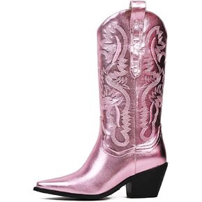 Erocalli Cowgirl Boots Cowboy Boots for Women Western Mid Calf Boots Fashion Retro Pointed Toe Pull On Wide Calf Long Tall Block Chunky Heel Embroidered Boots
