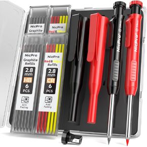 Nicpro 3Pack Carpenter Pencil with Sharpener, Mechanical Carpenter Pencils with 39 Refills (Red, Black, Yellow), Deep Hole Marker Construction Heavy Duty Woodworking Pencils for Father's Day Gift