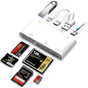 7-in-1 Memory Card Reader, USB OTG Adapter & SD Card Reader for iPhone/iPad with USB/USB-C/Lightning Connector and CF/SD/Micro SD/MS/XD/USB/USB-C Card Slots, Supports CF/SD/TF/MS/XD Card Plug and Play