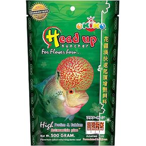 OKIKO Flowerhorn Fish Food Floating Pellets Medium 2 MM Head Up Quickly Huncher Formula High Protein Tropical Fish Feed Astaxanthin Plus Color Enhancing Healthy Fast Growth (17.63 oz - Green)