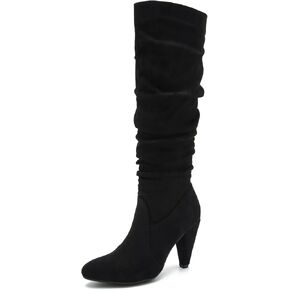 Women's Knee High Boots Pointed Toe Sexy Kitten Cone Heel Slouchy Boots Side Zipper Pleated Leather Tall Boots