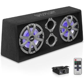 PyleUsa 12'' Dual Bass Subwoofer Box System - 600-Watt Slim Mount Truck Audio Subwoofer Box, Rear Vented Design with Built-in Illuminating LED Lights - PLBAS122LE, Black