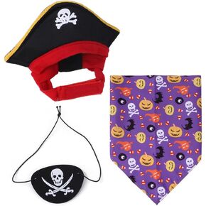 3 Pcs Pet Pirate Costume Halloween for Dogs Cats with Skull Hat, Bandana and Eye-Patch, Halloween Carnival Costume Party Cosplay Dress Up, Black