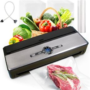 Automatic Vacuum Sealer Machine for Food | 9-IN-1 with Cutter, Bag Storage, Moist & Dry & Liquid & Soft, External VAC for Jars and Containers | 85kPa with Starter Kits -1*Bag Roll&10*Bags