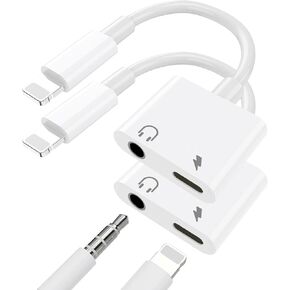 2 Pack Lighting to 3.5 mm Headphone Jack Adapter for iPhone Dongle, 2 in 1 iPhone Headphone Aux Audio + Charger Cable Splitter Adapter for All iOS System