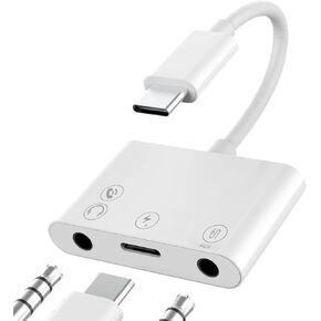 USB C to 3.5mm Audio Adapter, Charger/Headphone and AUX Port(3-in-1) Type-C ​Earbud Splitter Dongle Compatible for Samsung Galaxy Apple iPhone15 Pro Max Plus iPad 10、Air4/5、Mini6、Pro 12.9 Pixel