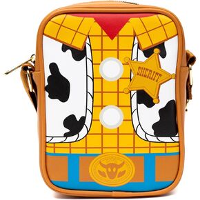 Disney Vegan Leather Crossbody Backpack for Men and Women with Adjustable Strap, Toy Story Woody Doll Chest with Back Close Up Brown
