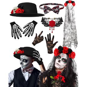 Liitrsh 6 Pcs Day of the Dead Costume Accessories Set Skeleton Gloves Hat Bow Tie Rose Floral Crown Headband with Veil Gothic Pendant Choker Necklace Lace Gloves for Men Women Halloween Cosplay Party
