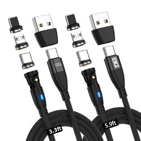 BIG+ Magnetic Charging Cable 2 Pack- (3.3ft/5.9ft) 100W USB C Magnetic Charging Cable | 540° Swivel Head,6 in 1 PD Fast Charging Magnetic USB C Nylon Braided Cable,Micro USB A/C for i-Products,Android