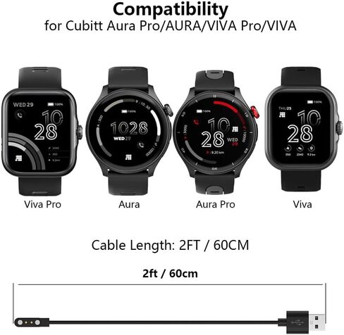 شاحن مكون من قطعتين متوافق مع Cubitt Aura Pro/Aura/Viva Pro/Viva، كابل شحن USB بديل للساعة الذكية بطول 2 قدم in Saudi Arabia