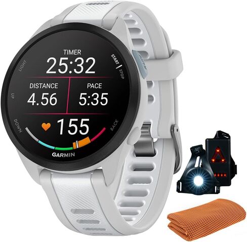ساعة رياضية ذكية من Garmin 010-02863-33 Forerunner 165 Music، حزمة التوت + الليلك مع منشفة رياضية تبريد للتمرين وإضاءة أمان أمامية وخلفية قابلة للارتداء من Deco Essentials in Saudi Arabia