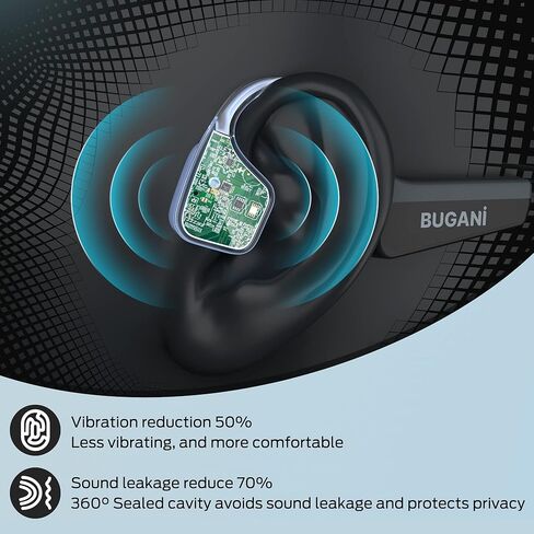 سماعات رأس BUGANI Bone Conduction، سماعات أذن مفتوحة، ميكروفون مدمج، وقت تشغيل 8 ساعات، سماعات رأس لاسلكية رياضية مقاومة للماء، بلوتوث 5.3، شحن سريع من النوع C للجري والسباحة وركوب الدراجات، أسود in Kuwait