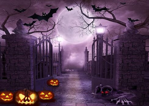 7x5Ft Black Halloween Night Full Moon Backdrop Horrible Cemetery Iron Gate Scary Background for Photography Gloomy Woods Graveyard Party Banner Halloween Party Decoration Photo Booth Props in Saudi Arabia