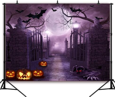 7x5Ft Black Halloween Night Full Moon Backdrop Horrible Cemetery Iron Gate Scary Background for Photography Gloomy Woods Graveyard Party Banner Halloween Party Decoration Photo Booth Props in Saudi Arabia