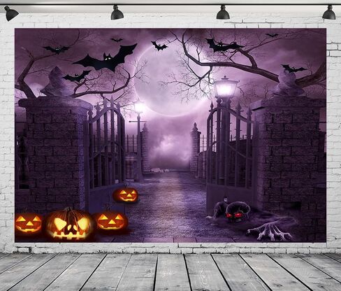 7x5Ft Black Halloween Night Full Moon Backdrop Horrible Cemetery Iron Gate Scary Background for Photography Gloomy Woods Graveyard Party Banner Halloween Party Decoration Photo Booth Props in Saudi Arabia
