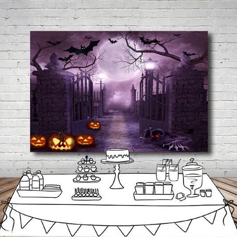 7x5Ft Black Halloween Night Full Moon Backdrop Horrible Cemetery Iron Gate Scary Background for Photography Gloomy Woods Graveyard Party Banner Halloween Party Decoration Photo Booth Props in Saudi Arabia