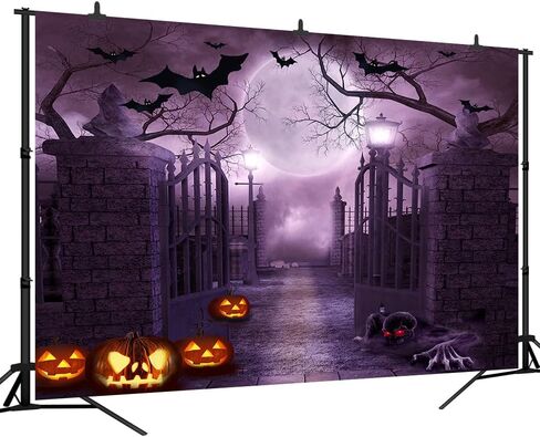7x5Ft Black Halloween Night Full Moon Backdrop Horrible Cemetery Iron Gate Scary Background for Photography Gloomy Woods Graveyard Party Banner Halloween Party Decoration Photo Booth Props in Saudi Arabia