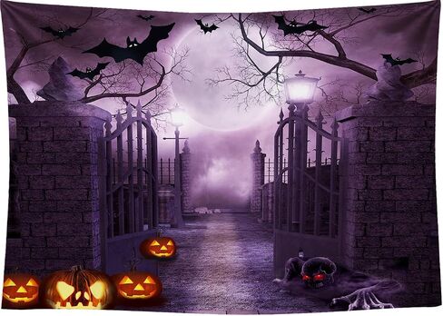 7x5Ft Black Halloween Night Full Moon Backdrop Horrible Cemetery Iron Gate Scary Background for Photography Gloomy Woods Graveyard Party Banner Halloween Party Decoration Photo Booth Props in Saudi Arabia