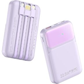 10000mAh Portable Charger with Built-in Cable, PD 22.5W Fast Charging USB C Battery Pack, Cell Phone Power Bank LCD Display for iPhone 16/16 Pro/16 Plus/15/14/13/12/11/X, Samsung, etc