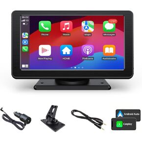 Wireless Carplay Screen for Car with Wireless Android Auto, 7-inch HD Portable Car Radio Stereo Touch Screen with Bluetooth, Voice Control, AUX, FM, Mirror Link, Video Playback, GPS Navigation