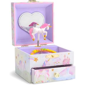 Jewelkeeper Girl's Musical Jewelry Storage Box with Spinning Unicorn & Pullout Drawer, Glitter Rainbow and Stars Design, The Unicorn Tune - Ideal Gift for Girls