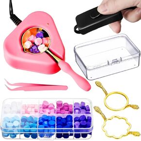 Ctosree Electric Wax Seal Warmer Wax Seal Kit with Wax Seal Spoon and Tweezers, Fast Melting Wax Seal Kit, 200 Pcs Sealing Wax Beads, 2 Metal Wax Seal Molds and Storage Box for Wax Seal Stamp