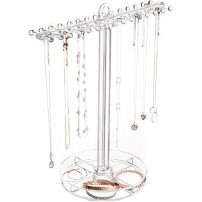 STORi Clear Plastic Hanging Jewelry Organizer | Holds 30 Individual Necklaces on the Pegs & Sorts Small Jewelry in the Bottom Divided Holder | Made in USA
