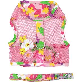 DOGGIE DESIGN Cool Mesh Dog Harness with Leash Pink Hawaiian Floral (Medium)