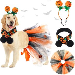 3 Pieces Halloween Dog Costume Set Including Pumpkin Headband Halloween Dog Tutu Dress Cute PET Tutu Orange Halloween PET Scarf for Medium Dogs Holiday Party Supplies Outfit Accessory