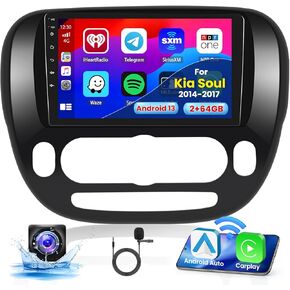 Hi-Fi 2+64G CarPlay Radio Android Screen for Kia Soul 2014-2017 Car Stereo, 9'' HD Touch Screen Android Auto, AHD Backup Camera, Mirror Link, GPS, WiFi