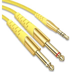KINPS 6FT 3.5mm 1/8" TRS to Dual 6.35mm 1/4" TS Mono Stereo Y-Cable Splitter Cord Compatible for Phones, Laptop, Computer Sound Cards, CD Players, Multimedia Speakers and Home Stereo Systems, Yellow
