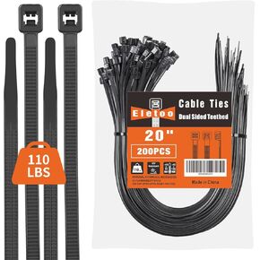 20 Inch Black Zip Ties Heavy Duty(200 Pack),2024 New Patented Design,110 LBS Tensile Strength, Self-Locking Nylon PA66 UV Resistant Cable Ties for Indoor and Outdoor Use