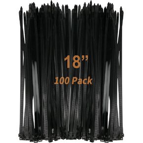 18 Inch Zip Ties, Heavy Duty Durable Strong Large Nylon Cable Ties, 175 LB Tensile Strength, (100 Pieces, UV Resistant Black)