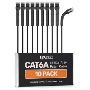 Everest Media Solutions 10-Pack Cat6A Ultra-Slim Patch Cables - Bendable Boot - High-Speed 10GB Ethernet Cord - Space-Saving, Thin & Flexible Cat6 Patch Cables - 1.5ft (White)