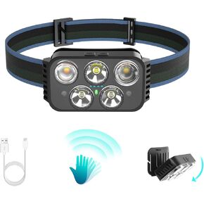 Headlamp Rechargeable, 400 Lumen Super Bright Motion Sensor LED Headlamps, Waterproof Head Flashlights with White Red Light, 6 Modes Headlamp Flashlight for Camping Cycling Running