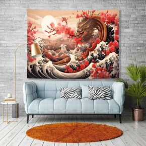 Ine Ive Japanese Dragon Tapestry For Bedroom Aesthetic Sunset Cherry Blossom Tapestries Japan Ukiyoe Wave Room Wall Decor 60x40 Inches for Living Room Dorm GTDWIE0272