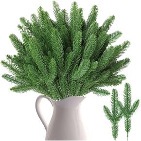 50 PCS Artificial Pine Branches Christmas Faux Pine Greenery Stems Fake Cedar Pine Needles Picks for Christmas Tree Wreath Garland DIY Crafts Holiday Home Decoration