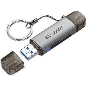 SD MicroSD UHS-I Dual-Slot Card Reader with USB3.2 Gen1 Type-C and Type-A Ports, Keychain Included, Compatible with UHS-I DDR200 Cards, Maximum Transfer Speed 170MB/s