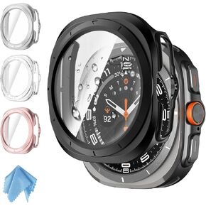 Fintie 4 Pack Hard PC Case with Tempered Glass Screen Protector Compatible with Samsung Galaxy Watch Ultra 47mm 2024, Black/Rose Pink/Silver/Clear