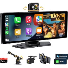 Upgrade 4K Apple Carplay Screen for Car 350° Rotatable Camera 10.26" Wireless Apple Carplay & Android Auto Apple Car Play Screen with Backup Camera Dual Bluetooth Mirror Link Voice Control Navigation